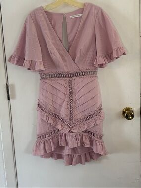 Saints & Hearts rose pink dress with crochet lace diagonal pleats Size Small